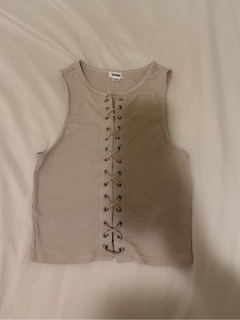 Garage Ribbed Lace-Up Tank Top in Beige Taupe